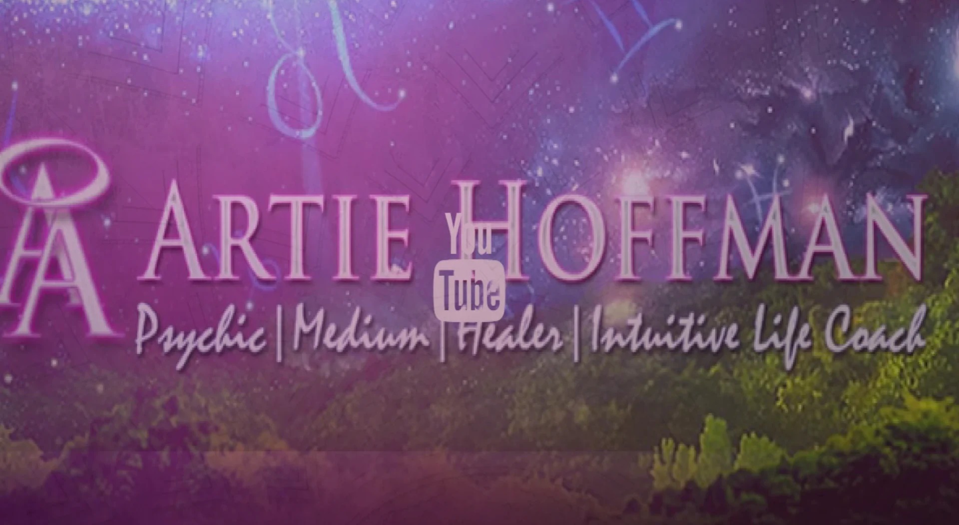 A mystical purple and pink background with the name "Curtie Hoffman" and various spiritual titles.