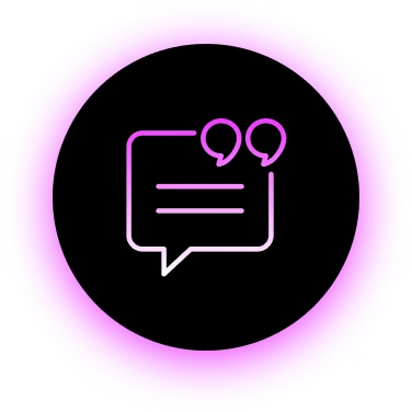 Purple glowing chat icon with speech bubble and quotation marks.