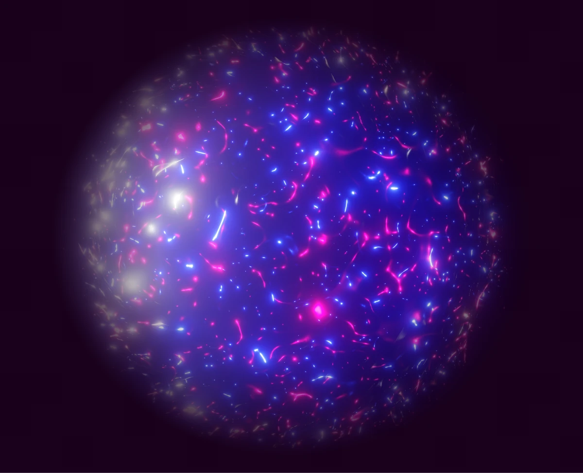 A glowing spherical object with vibrant blue and red lights inside.