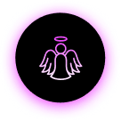 Simple angel icon with a halo and wings in a purple circular glow.
