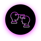 Two outlined heads connected by a line, symbolizing communication.